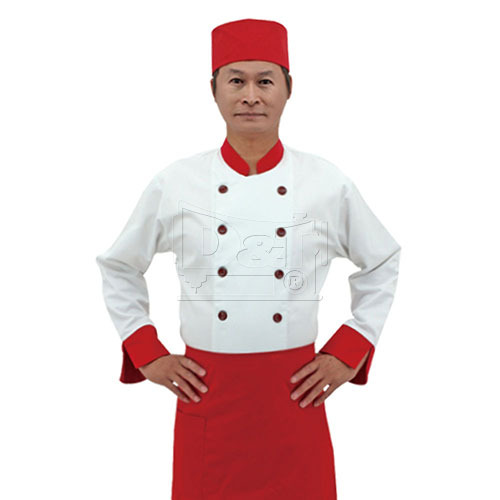 BC207紅色領袖剪接配色九分袖主廚服chefwear產品圖
